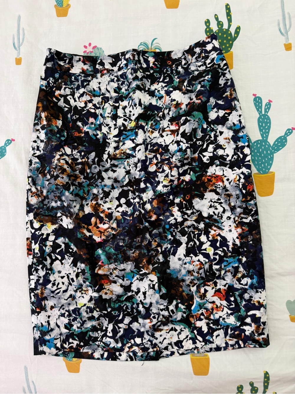 The Limited Abstract Floral Pencil Skirt in Black, White & Teal Accents